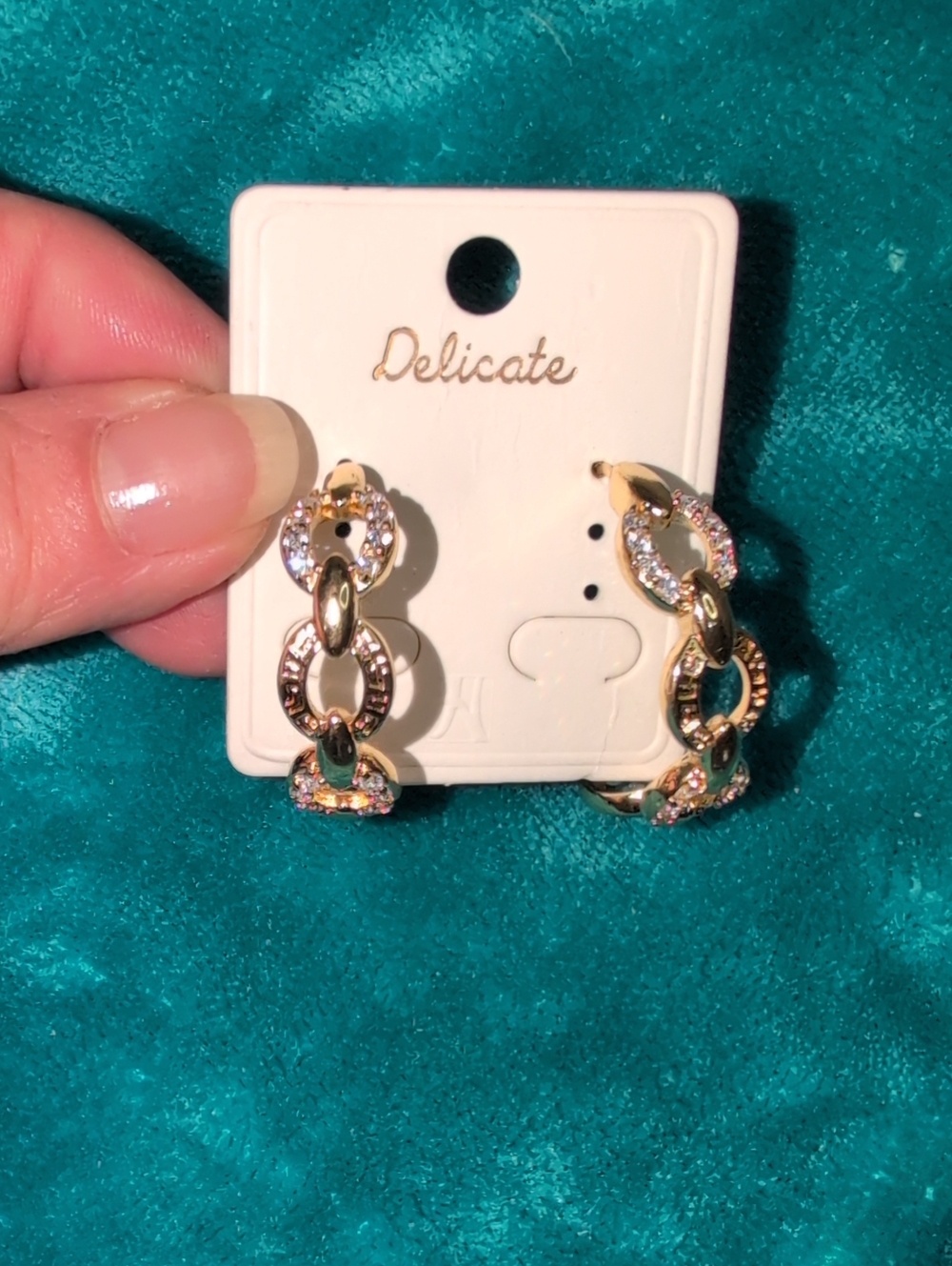 Delicates Brand Gold Link Pierced Hoop Earrings with Clear Crystals